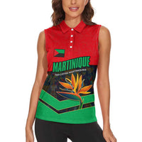 Martinique Pride Women Sleeveless Polo Shirt with Red Green Design and Tropical Bird of Paradise Flower