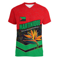 Martinique Pride Women V-Neck T-Shirt with Red Green Design and Tropical Bird of Paradise Flower