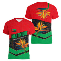Martinique Pride Women V-Neck T-Shirt with Red Green Design and Tropical Bird of Paradise Flower