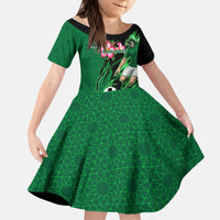 Personalized Saudi Arabia Football Kid Short Sleeve Dress Falcon Mascot Green - Desert Rose Geometric