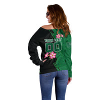 Personalized Saudi Arabia Football Off Shoulder Sweater Falcon Mascot Green - Desert Rose Geometric
