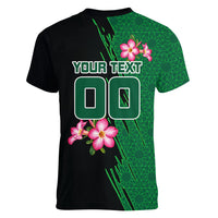 Personalized Saudi Arabia Football Women V-Neck T-Shirt Falcon Mascot Green - Desert Rose Geometric
