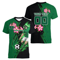 Personalized Saudi Arabia Football Women V-Neck T-Shirt Falcon Mascot Green - Desert Rose Geometric