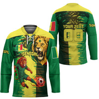 Personalized Senegal Football Lion Hockey Jersey Fierce Roaring Lion Soccer Art With Senegal Flag