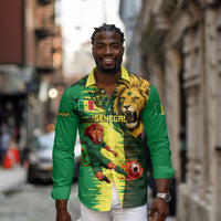 Personalized Senegal Football Lion Long Sleeve Button Shirt Fierce Roaring Lion Soccer Art With Senegal Flag