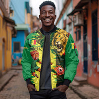 Personalized Senegal Football Lion Sleeve Zip Bomber Jacket Fierce Roaring Lion Soccer Art With Senegal Flag