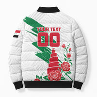 Personalized Iraq Football Bomber Puffer Jacket Hawk Mascot Soccer - Samarra Tower And Red Roses