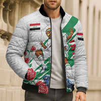 Personalized Iraq Football Bomber Puffer Jacket Hawk Mascot Soccer - Samarra Tower And Red Roses