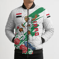 Personalized Iraq Football Bomber Puffer Jacket Hawk Mascot Soccer - Samarra Tower And Red Roses