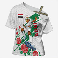 Personalized Iraq Football Cross Shoulder Shirt Hawk Mascot Soccer - Samarra Tower And Red Roses