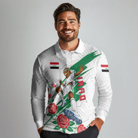 Personalized Iraq Football Long Sleeve Polo Shirt Hawk Mascot Soccer - Samarra Tower And Red Roses