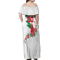 Personalized Iraq Football Off Shoulder Maxi Dress Hawk Mascot Soccer - Samarra Tower And Red Roses