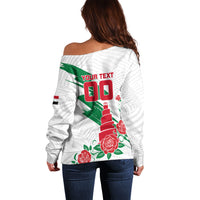 Personalized Iraq Football Off Shoulder Sweater Hawk Mascot Soccer - Samarra Tower And Red Roses