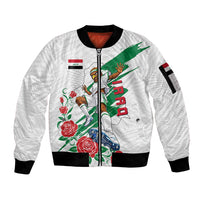 Personalized Iraq Football Sleeve Zip Bomber Jacket Hawk Mascot Soccer - Samarra Tower And Red Roses