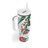 Personalized Iraq Football Tumbler With Handle Hawk Mascot Soccer - Samarra Tower And Red Roses