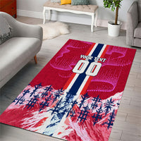 Personalized Norway Football Area Rug Viking Lion Soccer Mascot - Nordic Longship And Mountain Landscape