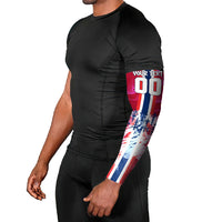 Personalized Norway Football Arm Sleeves Viking Lion Soccer Mascot - Nordic Longship And Mountain Landscape