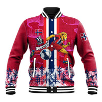 Personalized Norway Football Baseball Jacket Viking Lion Soccer Mascot - Nordic Longship And Mountain Landscape