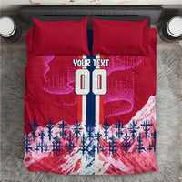 Personalized Norway Football Bedding Set Viking Lion Soccer Mascot - Nordic Longship And Mountain Landscape