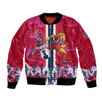 Personalized Norway Football Bomber Jacket Viking Lion Soccer Mascot - Nordic Longship And Mountain Landscape