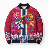Personalized Norway Football Bomber Puffer Jacket Viking Lion Soccer Mascot - Nordic Longship And Mountain Landscape
