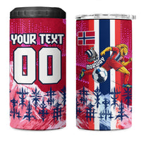 Personalized Norway Football 4 in 1 Can Cooler Tumbler Viking Lion Soccer Mascot - Nordic Longship And Mountain Landscape