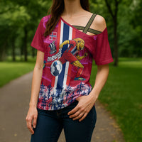 Personalized Norway Football Cross Shoulder Shirt Viking Lion Soccer Mascot - Nordic Longship And Mountain Landscape