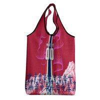 Personalized Norway Football Grocery Bag Viking Lion Soccer Mascot - Nordic Longship And Mountain Landscape