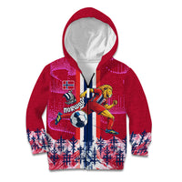 Personalized Norway Football Kid Hoodie Viking Lion Soccer Mascot - Nordic Longship And Mountain Landscape