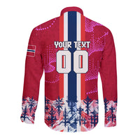 Personalized Norway Football Long Sleeve Button Shirt Viking Lion Soccer Mascot - Nordic Longship And Mountain Landscape