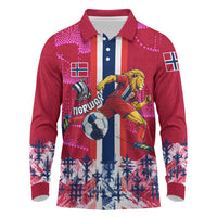 Personalized Norway Football Long Sleeve Polo Shirt Viking Lion Soccer Mascot - Nordic Longship And Mountain Landscape