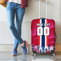 Personalized Norway Football Luggage Cover Viking Lion Soccer Mascot - Nordic Longship And Mountain Landscape