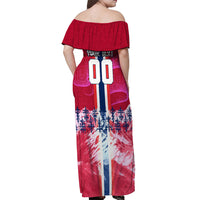 Personalized Norway Football Off Shoulder Maxi Dress Viking Lion Soccer Mascot - Nordic Longship And Mountain Landscape