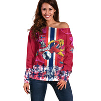 Personalized Norway Football Off Shoulder Sweater Viking Lion Soccer Mascot - Nordic Longship And Mountain Landscape