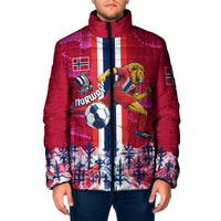 Personalized Norway Football Padded Jacket Viking Lion Soccer Mascot - Nordic Longship And Mountain Landscape