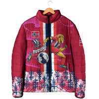 Personalized Norway Football Padded Jacket Viking Lion Soccer Mascot - Nordic Longship And Mountain Landscape