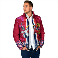 Personalized Norway Football Padded Jacket Viking Lion Soccer Mascot - Nordic Longship And Mountain Landscape