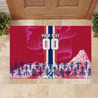 Personalized Norway Football Rubber Doormat Viking Lion Soccer Mascot - Nordic Longship And Mountain Landscape