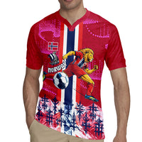 Personalized Norway Football Rugby Jersey Viking Lion Soccer Mascot - Nordic Longship And Mountain Landscape