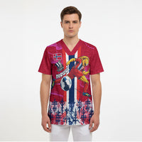 Personalized Norway Football Scrub Top Viking Lion Soccer Mascot - Nordic Longship And Mountain Landscape