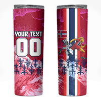 Personalized Norway Football Skinny Tumbler Viking Lion Soccer Mascot - Nordic Longship And Mountain Landscape