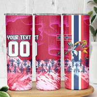 Personalized Norway Football Skinny Tumbler Viking Lion Soccer Mascot - Nordic Longship And Mountain Landscape