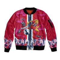 Personalized Norway Football Sleeve Zip Bomber Jacket Viking Lion Soccer Mascot - Nordic Longship And Mountain Landscape