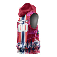 Personalized Norway Football Sleeveless Hoodie Viking Lion Soccer Mascot - Nordic Longship And Mountain Landscape