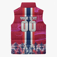 Personalized Norway Football Sleeveless Puffer Jacket Viking Lion Soccer Mascot - Nordic Longship And Mountain Landscape