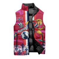 Personalized Norway Football Sleeveless Puffer Jacket Viking Lion Soccer Mascot - Nordic Longship And Mountain Landscape