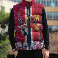 Personalized Norway Football Sleeveless Puffer Jacket Viking Lion Soccer Mascot - Nordic Longship And Mountain Landscape