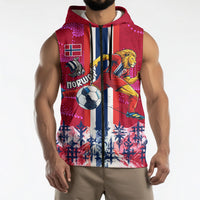 Personalized Norway Football Sleeveless Zip Hoodie Viking Lion Soccer Mascot - Nordic Longship And Mountain Landscape