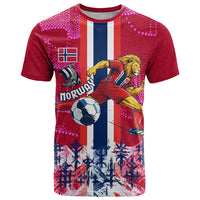 Personalized Norway Football T Shirt Viking Lion Soccer Mascot - Nordic Longship And Mountain Landscape