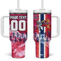 Personalized Norway Football Tumbler With Handle Viking Lion Soccer Mascot - Nordic Longship And Mountain Landscape
